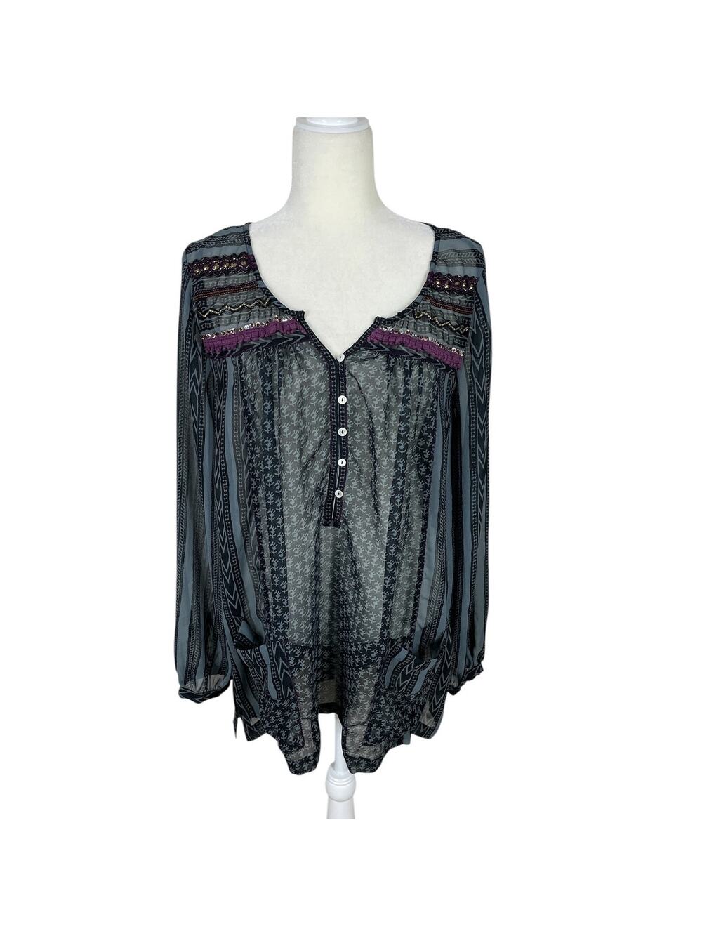 Free People Beaded Geometric Floral Print Sheer Tunic Top Sz M Boho Indie Chic